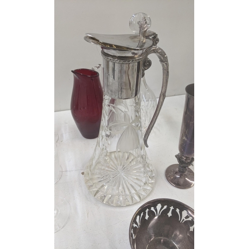 364 - Glassware to include a clear cut and silver plated claret jug, together with similar Royal Brierly c... 