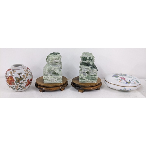 386 - A mixed lot to include a pair of Chinese jadeite model foo dogs, vase and a Limoges trinket box
Loca... 