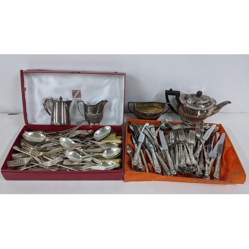 387 - Mixed silver plate to include a three piece tea set, milk jug, Webber & Hall Kings pattern cutlery a... 