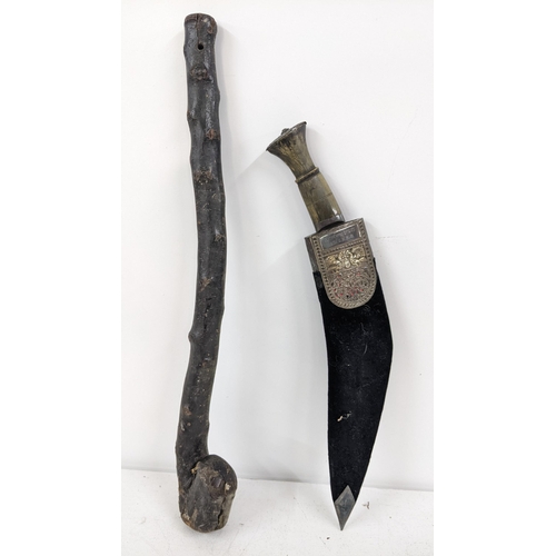 429 - An early 20th century horn handled Kukri with an inscribed presentation plaque together with an Iris... 