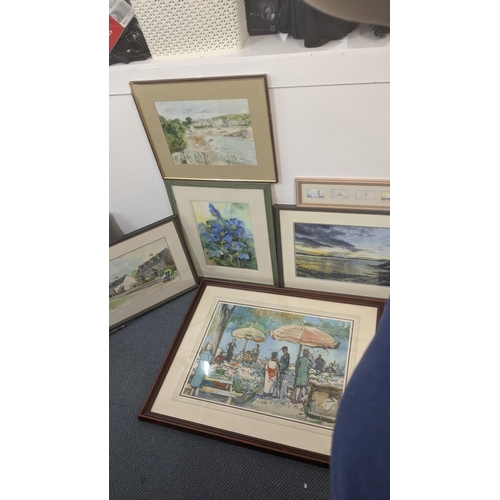 496 - Framed and glazed watercolours to include a street scene signed Krighton Hammod to the lower right, ... 