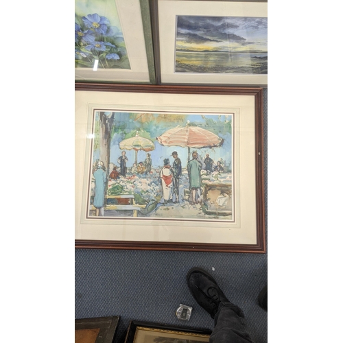 496 - Framed and glazed watercolours to include a street scene signed Krighton Hammod to the lower right, ... 