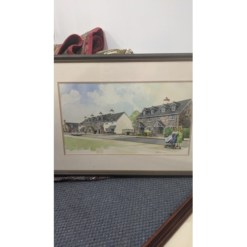 496 - Framed and glazed watercolours to include a street scene signed Krighton Hammod to the lower right, ... 