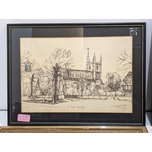 8 - Pictures - an etching of Berkhamsted School from the Churchyard - signed M. Oliver Rae, 19/120, a li... 