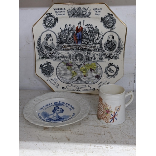 95 - Three pieces of commemorative china, an octagonal display plate celebrating The British Empire, a Ju... 