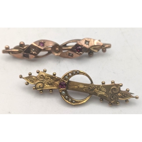 22 - Two early 20th century 9ct gold bar brooches one fashioned as a crescent moon set with a ruby and pe... 