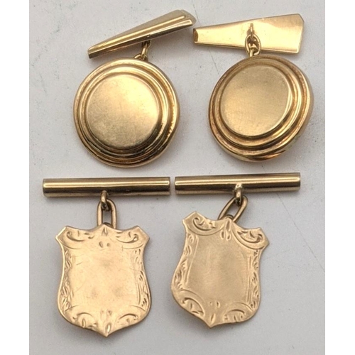 33 - Two pairs of gold cufflinks to include a pair of 9ct shield shaped cufflinks and a pair tested as 9c... 