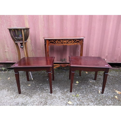 462 - An early 20th century mahogany plant stand/jardiniere with brass liner, two Stagg lamp tables, and a... 