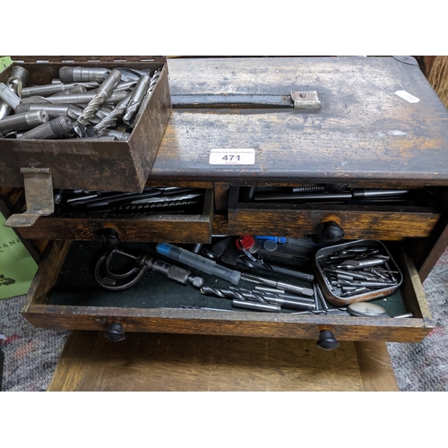 471 - Vintage tools to include a seven-drawer wooden tool chest containing various drill bits etc, along w... 