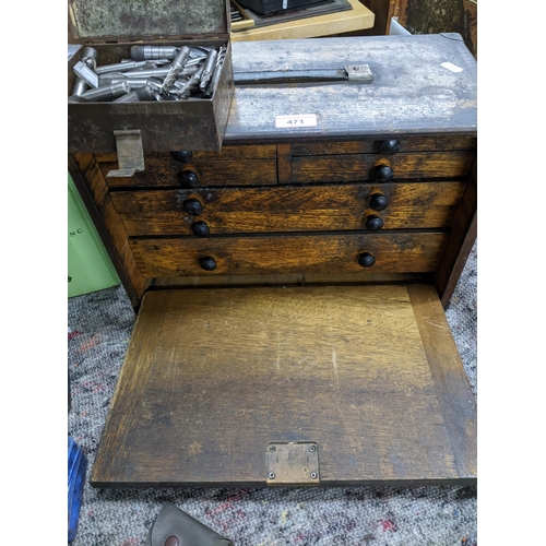 471 - Vintage tools to include a seven-drawer wooden tool chest containing various drill bits etc, along w... 