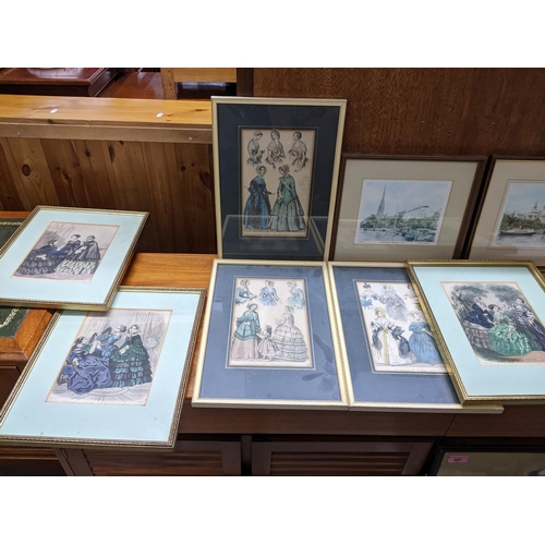 481 - A quantity of framed and glazed prints to include six 19th century fashion coloured prints Location:... 