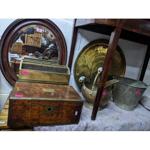 482 - A mixed lot to include a Victorian writing box with partially fitted interior A/F, an oval wall mirr... 