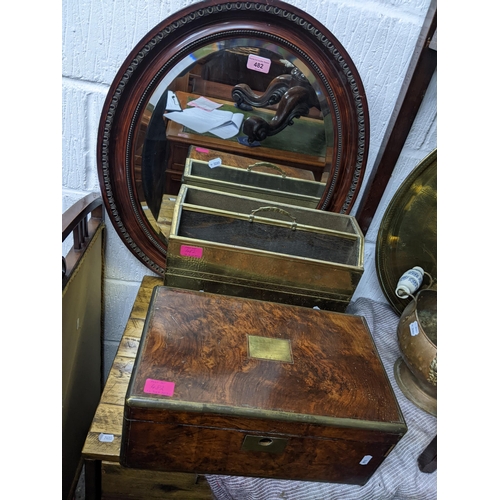 482 - A mixed lot to include a Victorian writing box with partially fitted interior A/F, an oval wall mirr... 