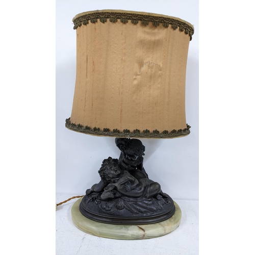 501 - A 19th century spelter figural group table lamp of two putti mounted on marble base, 40.5cm h includ... 