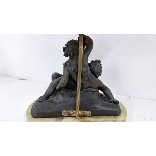 501 - A 19th century spelter figural group table lamp of two putti mounted on marble base, 40.5cm h includ... 