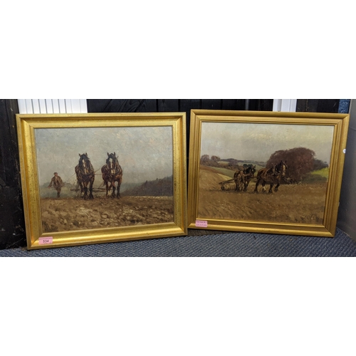 534 - George Leon Little (1862-1941) two studies depicting horses ploughing the farmers fields, oil on boa... 