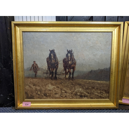 534 - George Leon Little (1862-1941) two studies depicting horses ploughing the farmers fields, oil on boa... 