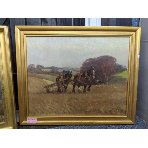 534 - George Leon Little (1862-1941) two studies depicting horses ploughing the farmers fields, oil on boa... 