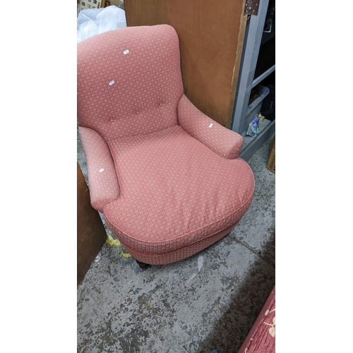 580 - A 19th century armchair upholstered in a red and cream fabric, on turned mahogany legs
Location:G
If... 