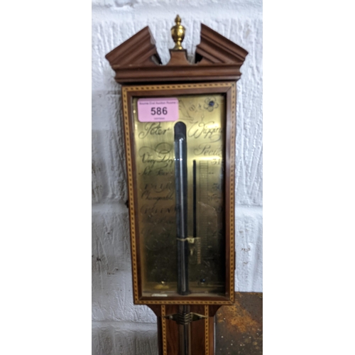 586 - A Peter Wiggins 20th century Georgian style mercury stick barometer, inlaid mahogany and yew case wi... 