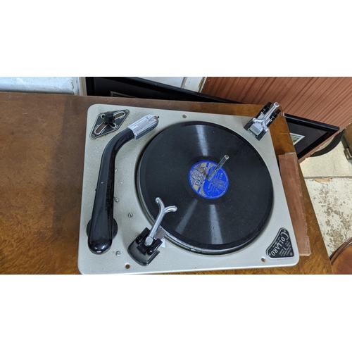 599 - An Art Deco walnut music cabinet with a hinged lid, 94cm h x 97cm w and a Collaro record player, mod... 