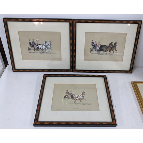 623 - Ninetta Butterworth - a set of three gouache pictures depicting figures in horse drawn carriages, 20... 