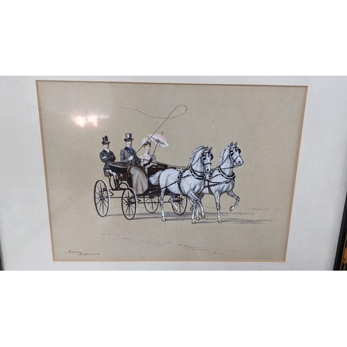 623 - Ninetta Butterworth - a set of three gouache pictures depicting figures in horse drawn carriages, 20... 