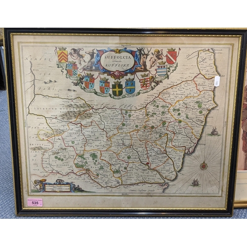 535 - An antique style map of Suffolk, decorated with various coats of arms, (Suffolcia Vernacula Suffoske... 