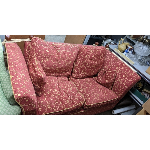 585 - A Wesley Barrell Knoll-style sofa upholstered in red and beige 172cm w x 93cm d Location:G
If there ... 