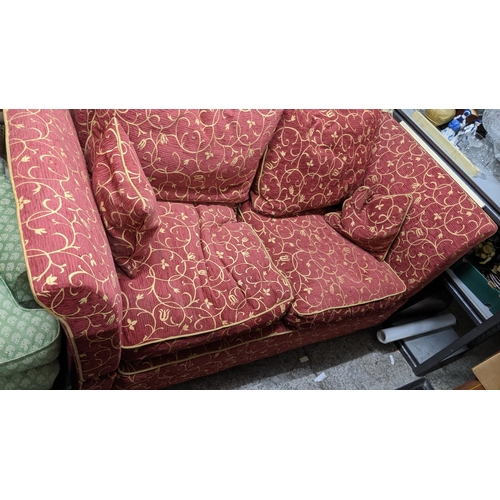 585 - A Wesley Barrell Knoll-style sofa upholstered in red and beige 172cm w x 93cm d Location:G
If there ... 