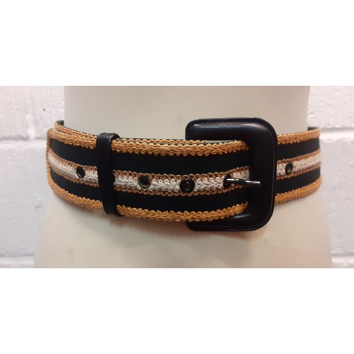 38 - YSL-A 1970's Rive Gauche striped belt in black, brown and cream with brocade additions and black lea... 