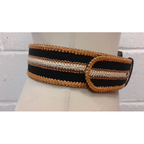 38 - YSL-A 1970's Rive Gauche striped belt in black, brown and cream with brocade additions and black lea... 