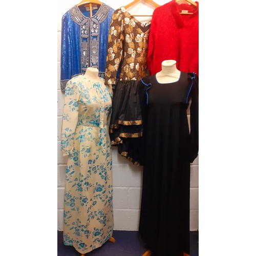 39 - Five items of vintage clothing, mainly 1960's-80's comprising a 1970's Emcar cream and blue floral f... 