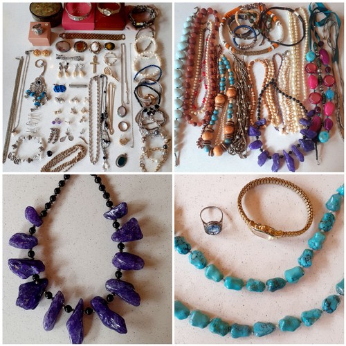 37 - A quantity of costume jewellery to include a string of turquoise stones with silver clasp, simulated... 