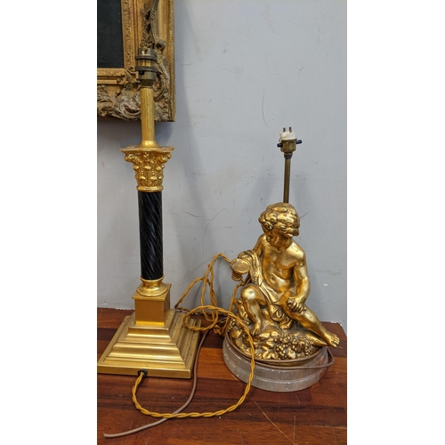 299 - A gilt plaster lamp base in the form of a classical boy, and a gilt metal candlestick style lamp, 50... 