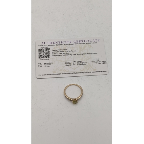 80 - An Ambilobe sphene and white zircon 9ct gold ring, size Q, 2.2g, with certificate of authenticity
Lo... 