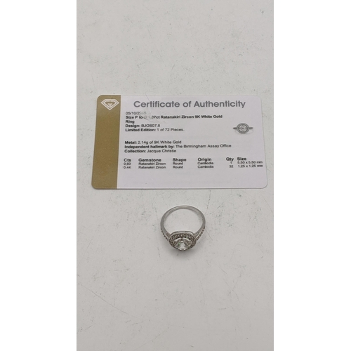 81 - A 9ct white gold and Ratankiri zircon ring, size Q, 2.6g, with a certificate of authenticity
Locatio... 