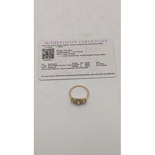 86 - 9ct gold Ouro Preto imperial topaz and diamond ring, Size Q, 2.3g with a certificate of authenticity... 