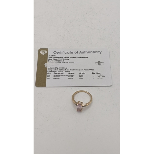 88 - A Minas Gerais Kunzite and diamond 9ct gold ring, size Q, 2.7g with a certificate of authenticity
Lo... 