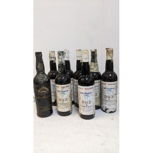 60 - Seven bottles of Doz and Company Brillante Fino Sherry A/F and one Dow Port Location: 2, wooden shel... 