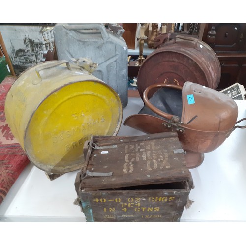 231 - A vintage petrol can, a copper coal bucket, 2 French oil/petrol cans and a military box A/F. Locatio... 