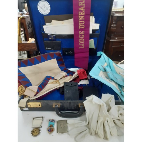 232 - Masonic regalia to include 2 aprons, a vesta case and 2 medals with references in the briefcase to P... 