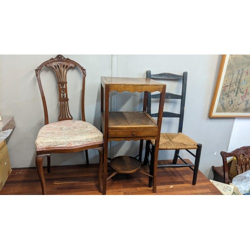 448 - Mixed furniture to include a Georgian mahogany wash stand and two chairs to include a ladder back ru... 