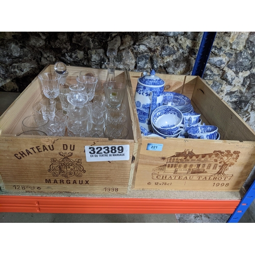 221 - Mixed glassware and a selection of Copeland Spode Italian china in two wooden wine boxes Location:G
... 