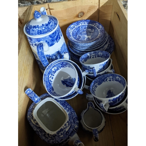 221 - Mixed glassware and a selection of Copeland Spode Italian china in two wooden wine boxes Location:G
... 