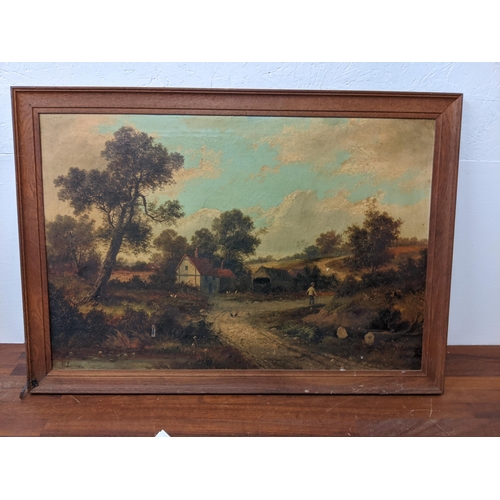 450 - R Leslie - a landscape with a cottage, a man and chickens, oil on canvas, signed, 52cm x 77cm, frame... 