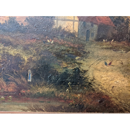 450 - R Leslie - a landscape with a cottage, a man and chickens, oil on canvas, signed, 52cm x 77cm, frame... 