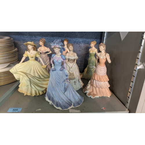 506 - Seven Coalport figures from The Age of Elegance to include Blenheim Park 1993, Operetta 1990, Societ... 