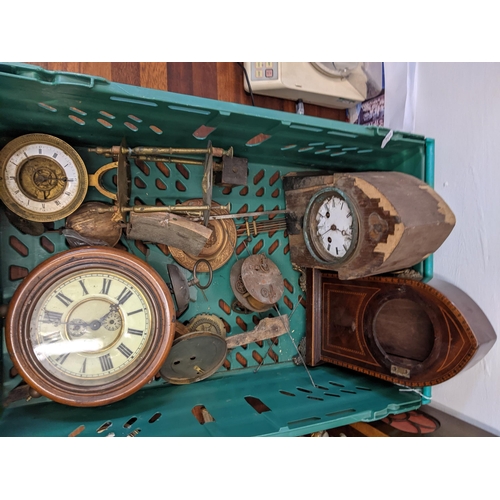 541 - The component parts of mainly mantel clocks to include inlaid mahogany cases, card dials, gongs and ... 