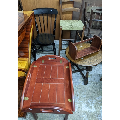 560 - Mixed small furniture to include an Indonesian contemporary butler's tray on stand, 1930s walnut sew... 